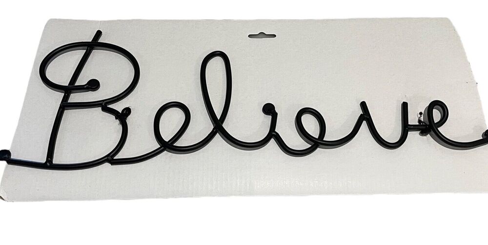 Meatal Believe Word Wall Art 18”L Bronze Wrought Iron Sign 2 Hanging Loops New